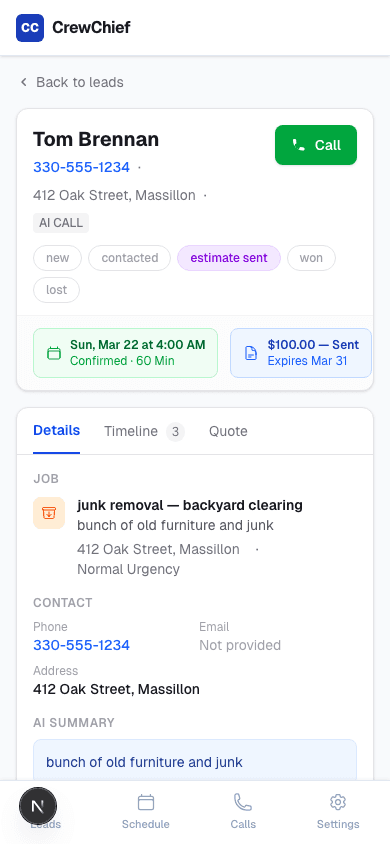 Lead detail with job info and quick actions