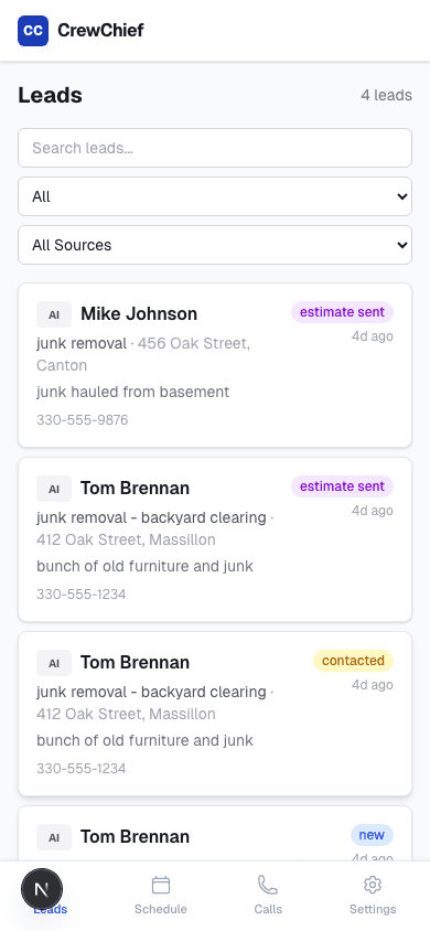 Lead inbox showing captured calls