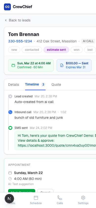 Timeline showing call, lead creation, and SMS